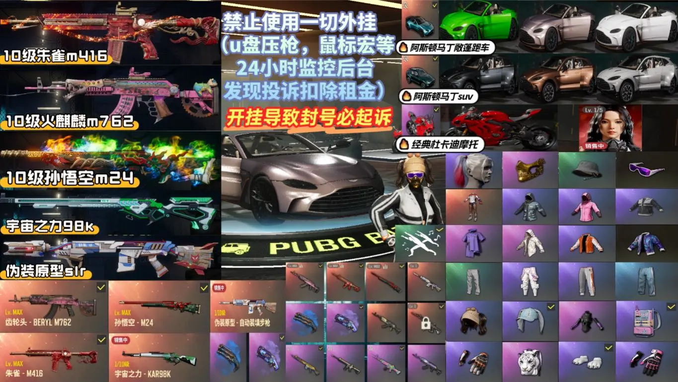 二级123456✅满级火麒麟➕满级孙悟空m24➕满级朱雀m416➕全阿斯顿马丁跑车➕红杜卡迪➕小丑女